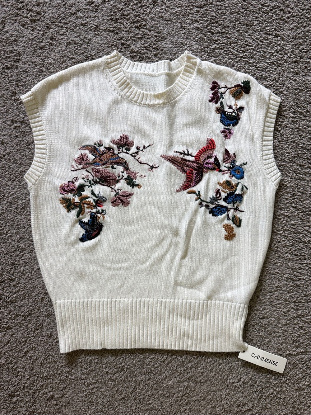 Commense Cream Knit Vest with Multicolor Bird & Floral Embroidery